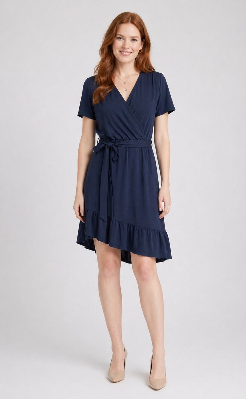 Loveapella Womens Navy Yasmeen Short Sleeve Surplice A Line Dress Size LP NWT